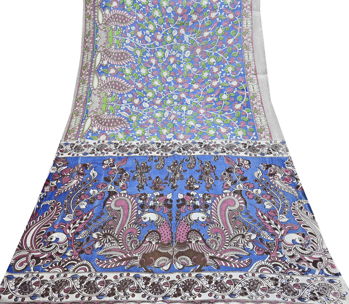 Indian Vintage Sari Blue Kalamkari Print Sari Pure Cotton Saree Craft Fabric 5Yd Soft Dancing Lady Ethnic Dress Making