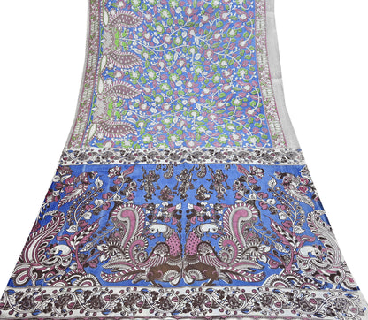 Indian Vintage Sari Blue Kalamkari Print Sari Pure Cotton Saree Craft Fabric 5Yd Soft Dancing Lady Ethnic Dress Making