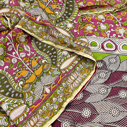 Indian Vintage Sari Pure Silk Kalamkari Print Saree Craft Fabric 5Yd Soft Zari Border Dress making bollywood silk saree Crafting