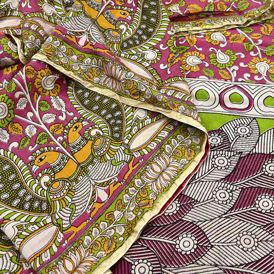 Indian Vintage Sari Pure Silk Kalamkari Print Saree Craft Fabric 5Yd Soft Zari Border Dress making bollywood silk saree Crafting