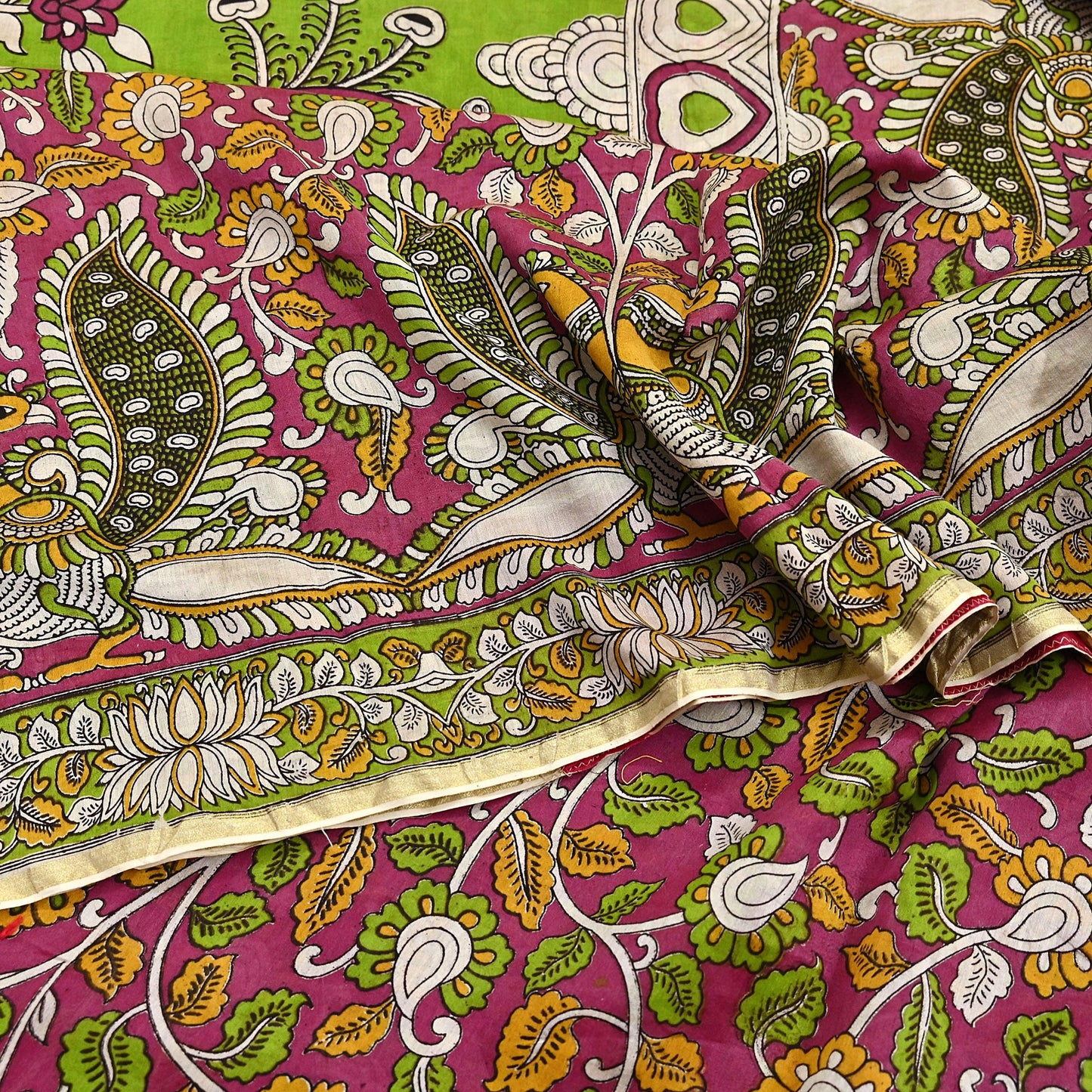 Indian Vintage Sari Pure Silk Kalamkari Print Saree Craft Fabric 5Yd Soft Zari Border Dress making bollywood silk saree Crafting