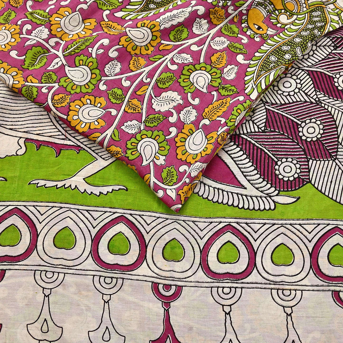 Indian Vintage Sari Pure Silk Kalamkari Print Saree Craft Fabric 5Yd Soft Zari Border Dress making bollywood silk saree Crafting