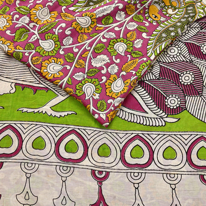 Indian Vintage Sari Pure Silk Kalamkari Print Saree Craft Fabric 5Yd Soft Zari Border Dress making bollywood silk saree Crafting