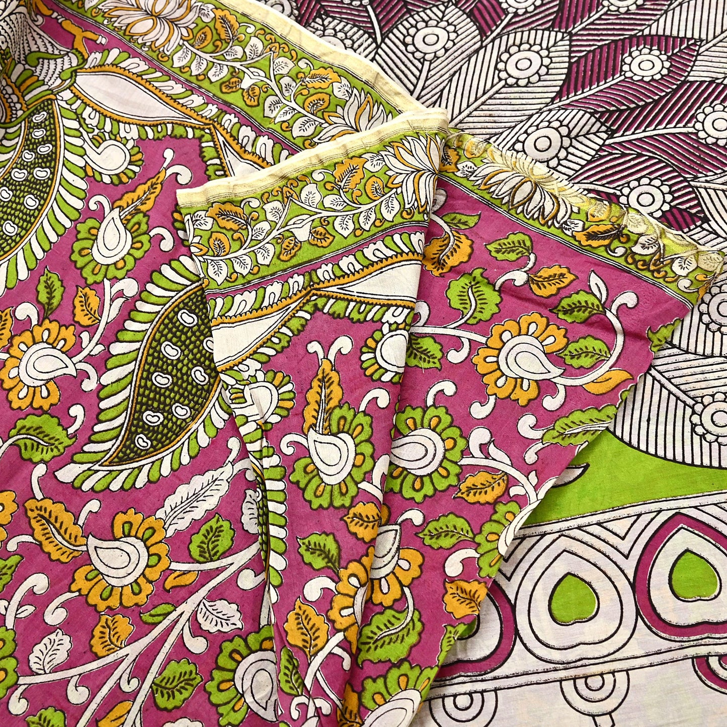 Indian Vintage Sari Pure Silk Kalamkari Print Saree Craft Fabric 5Yd Soft Zari Border Dress making bollywood silk saree Crafting
