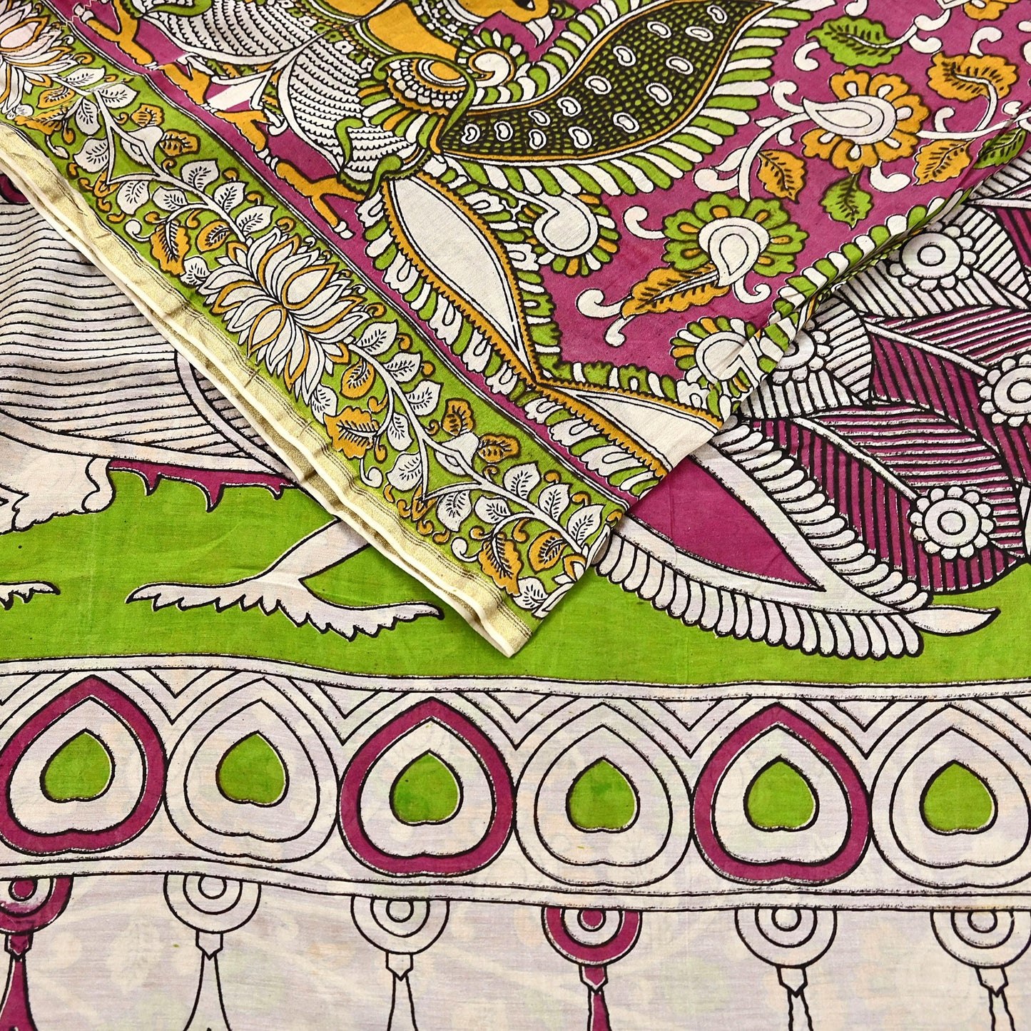 Indian Vintage Sari Pure Silk Kalamkari Print Saree Craft Fabric 5Yd Soft Zari Border Dress making bollywood silk saree Crafting