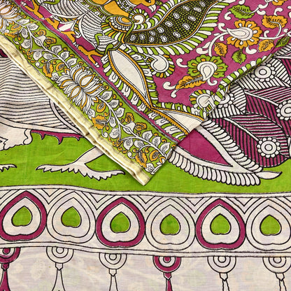 Indian Vintage Sari Pure Silk Kalamkari Print Saree Craft Fabric 5Yd Soft Zari Border Dress making bollywood silk saree Crafting