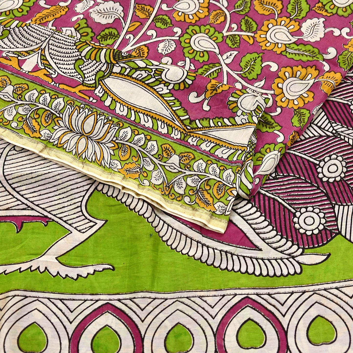 Indian Vintage Sari Pure Silk Kalamkari Print Saree Craft Fabric 5Yd Soft Zari Border Dress making bollywood silk saree Crafting