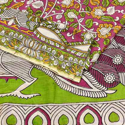 Indian Vintage Sari Pure Silk Kalamkari Print Saree Craft Fabric 5Yd Soft Zari Border Dress making bollywood silk saree Crafting