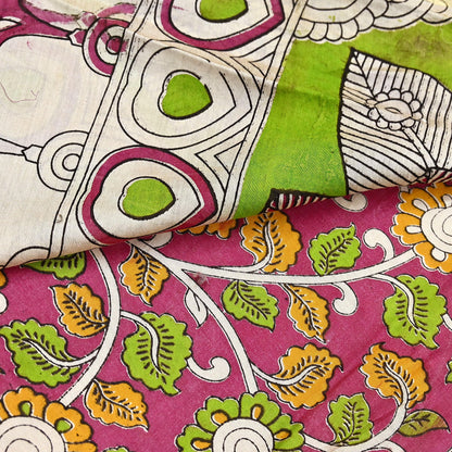 Indian Vintage Sari Pure Silk Kalamkari Print Saree Craft Fabric 5Yd Soft Zari Border Dress making bollywood silk saree Crafting