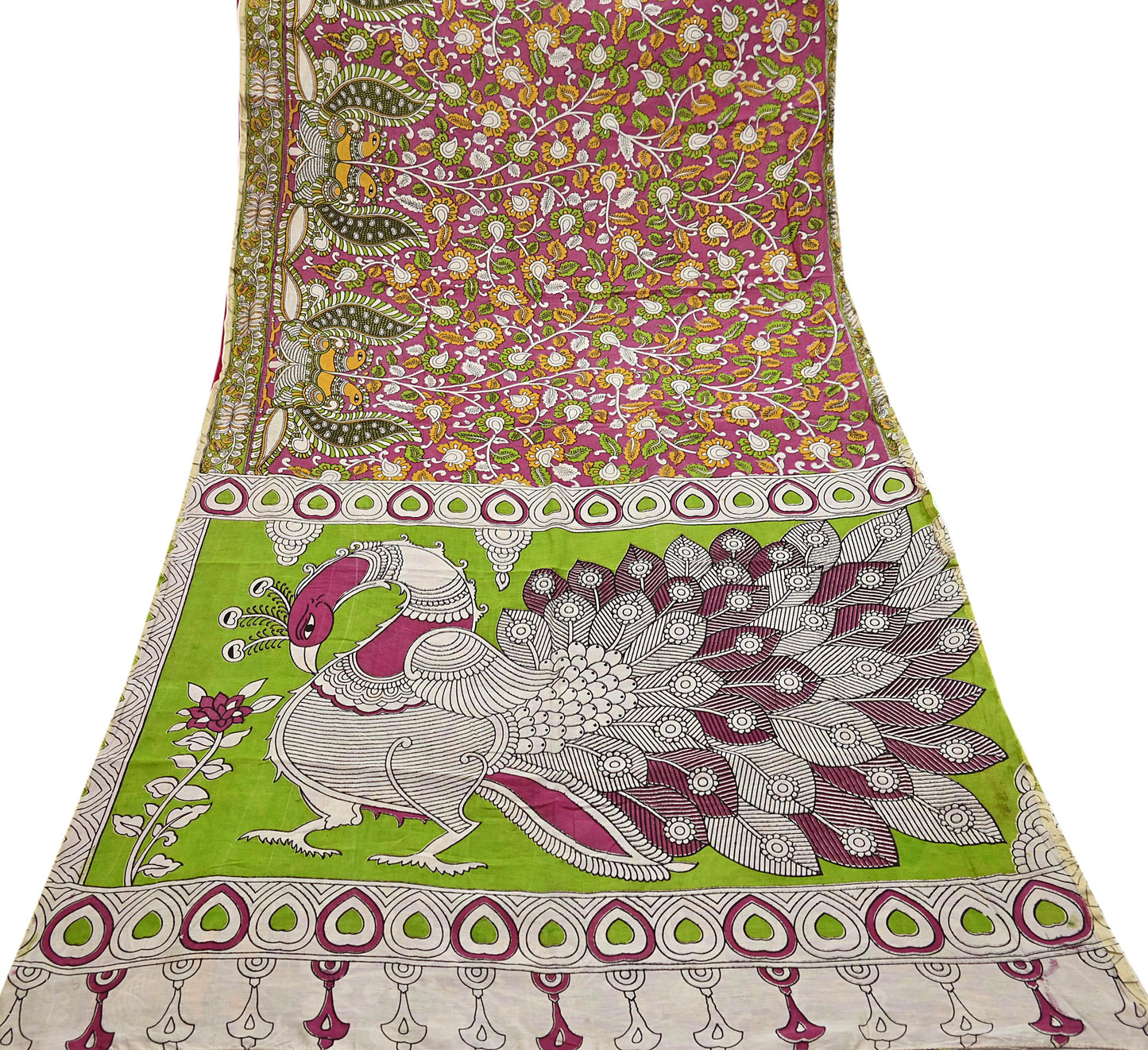 Indian Vintage Sari Pure Silk Kalamkari Print Saree Craft Fabric 5Yd Soft Zari Border Dress making bollywood silk saree Crafting
