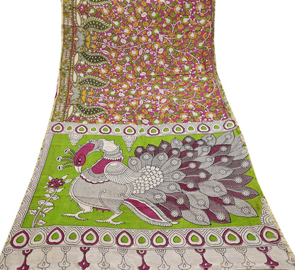 Indian Vintage Sari Pure Silk Kalamkari Print Saree Craft Fabric 5Yd Soft Zari Border Dress making bollywood silk saree Crafting