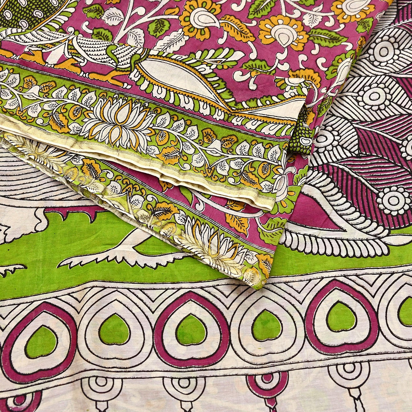 Indian Vintage Sari Pure Silk Kalamkari Print Saree Craft Fabric 5Yd Soft Zari Border Dress making bollywood silk saree Crafting