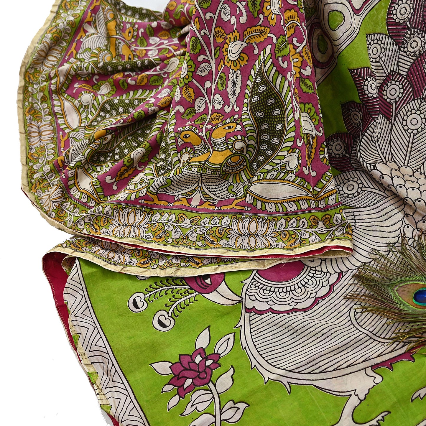 Indian Vintage Sari Pure Silk Kalamkari Print Saree Craft Fabric 5Yd Soft Zari Border Dress making bollywood silk saree Crafting