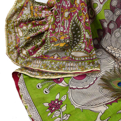 Indian Vintage Sari Pure Silk Kalamkari Print Saree Craft Fabric 5Yd Soft Zari Border Dress making bollywood silk saree Crafting