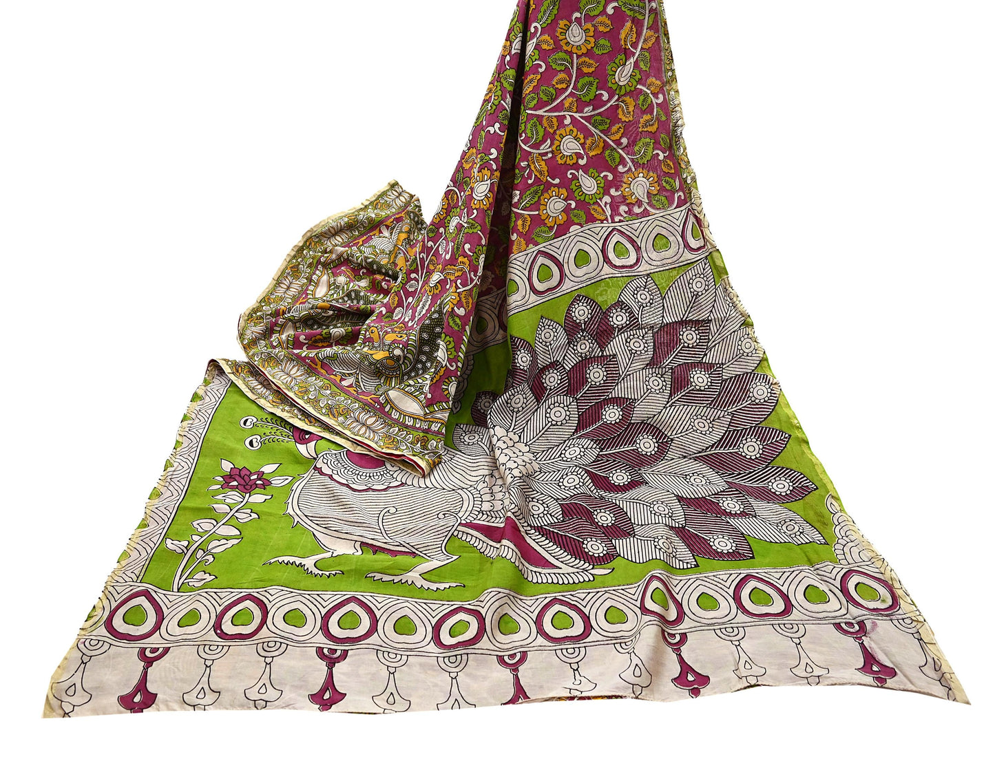 Indian Vintage Sari Pure Silk Kalamkari Print Saree Craft Fabric 5Yd Soft Zari Border Dress making bollywood silk saree Crafting
