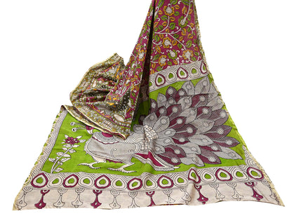 Indian Vintage Sari Pure Silk Kalamkari Print Saree Craft Fabric 5Yd Soft Zari Border Dress making bollywood silk saree Crafting