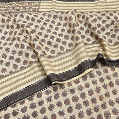 Indian Vintage Fabindia Sari Cream Pure Silk Block Printed Sarees Craft Fabric 5Yd Floral Dress making bollywood silk sarees
