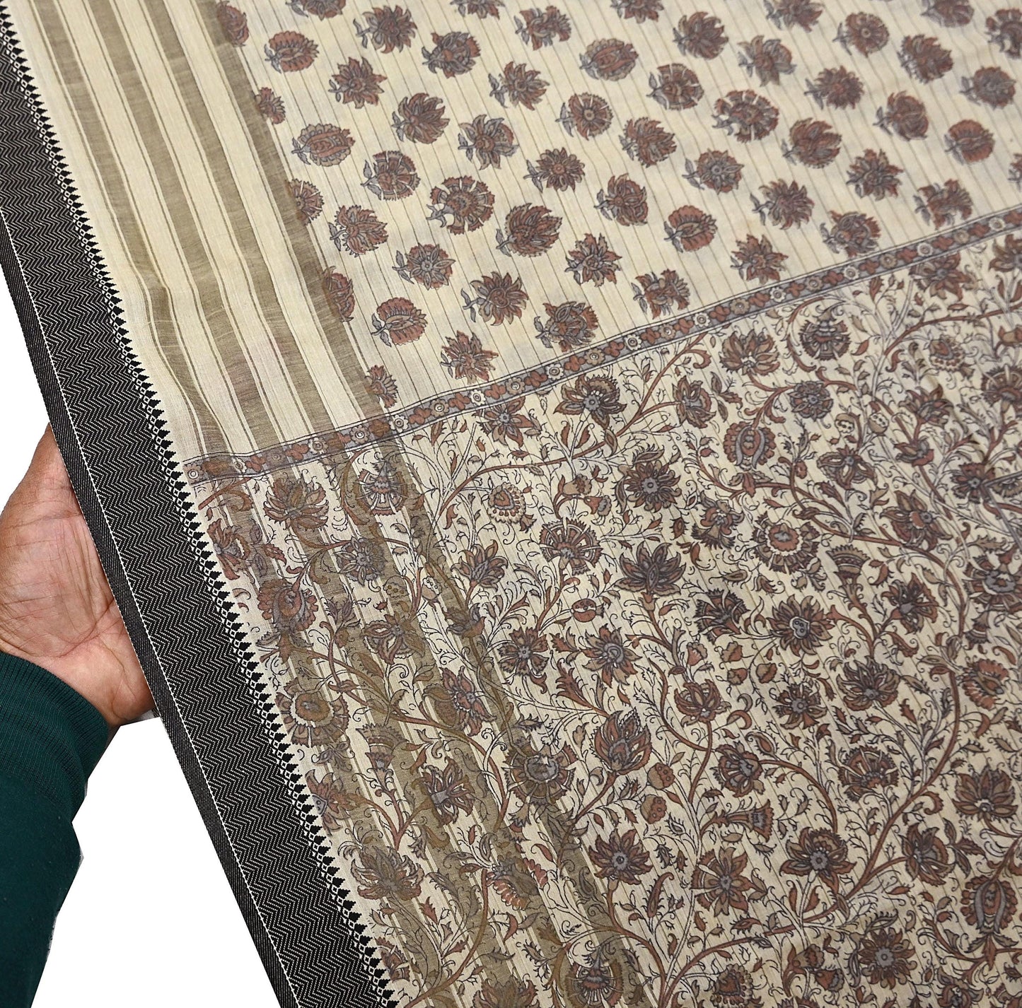 Indian Vintage Fabindia Sari Cream Pure Silk Block Printed Sarees Craft Fabric 5Yd Floral Dress making bollywood silk sarees