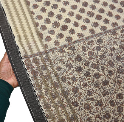 Indian Vintage Fabindia Sari Cream Pure Silk Block Printed Sarees Craft Fabric 5Yd Floral Dress making bollywood silk sarees