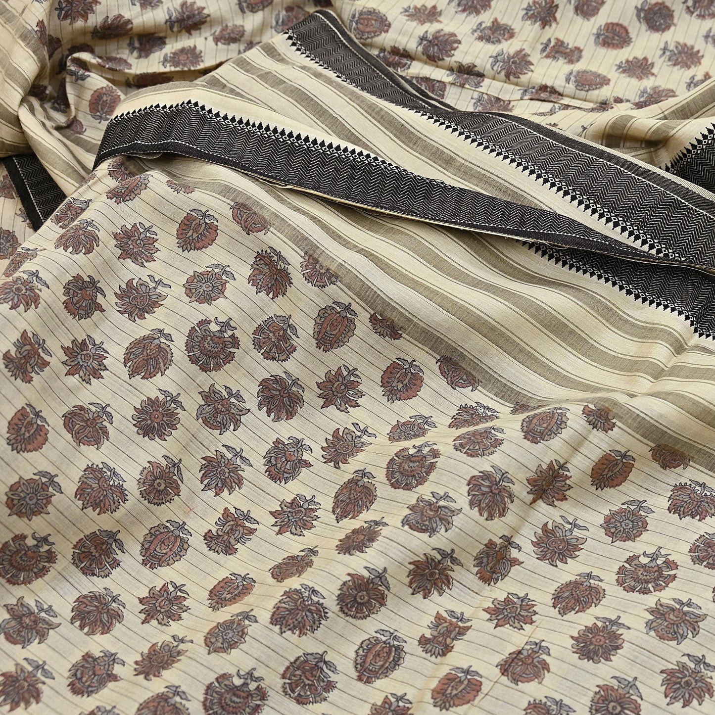 Indian Vintage Fabindia Sari Cream Pure Silk Block Printed Sarees Craft Fabric 5Yd Floral Dress making bollywood silk sarees