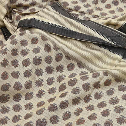Indian Vintage Fabindia Sari Cream Pure Silk Block Printed Sarees Craft Fabric 5Yd Floral Dress making bollywood silk sarees