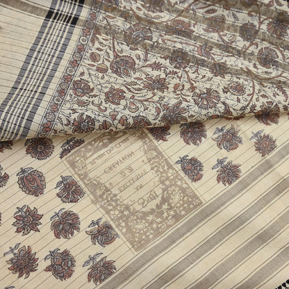 Indian Vintage Fabindia Sari Cream Pure Silk Block Printed Sarees Craft Fabric 5Yd Floral Dress making bollywood silk sarees