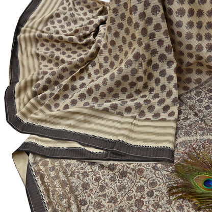 Indian Vintage Fabindia Sari Cream Pure Silk Block Printed Sarees Craft Fabric 5Yd Floral Dress making bollywood silk sarees