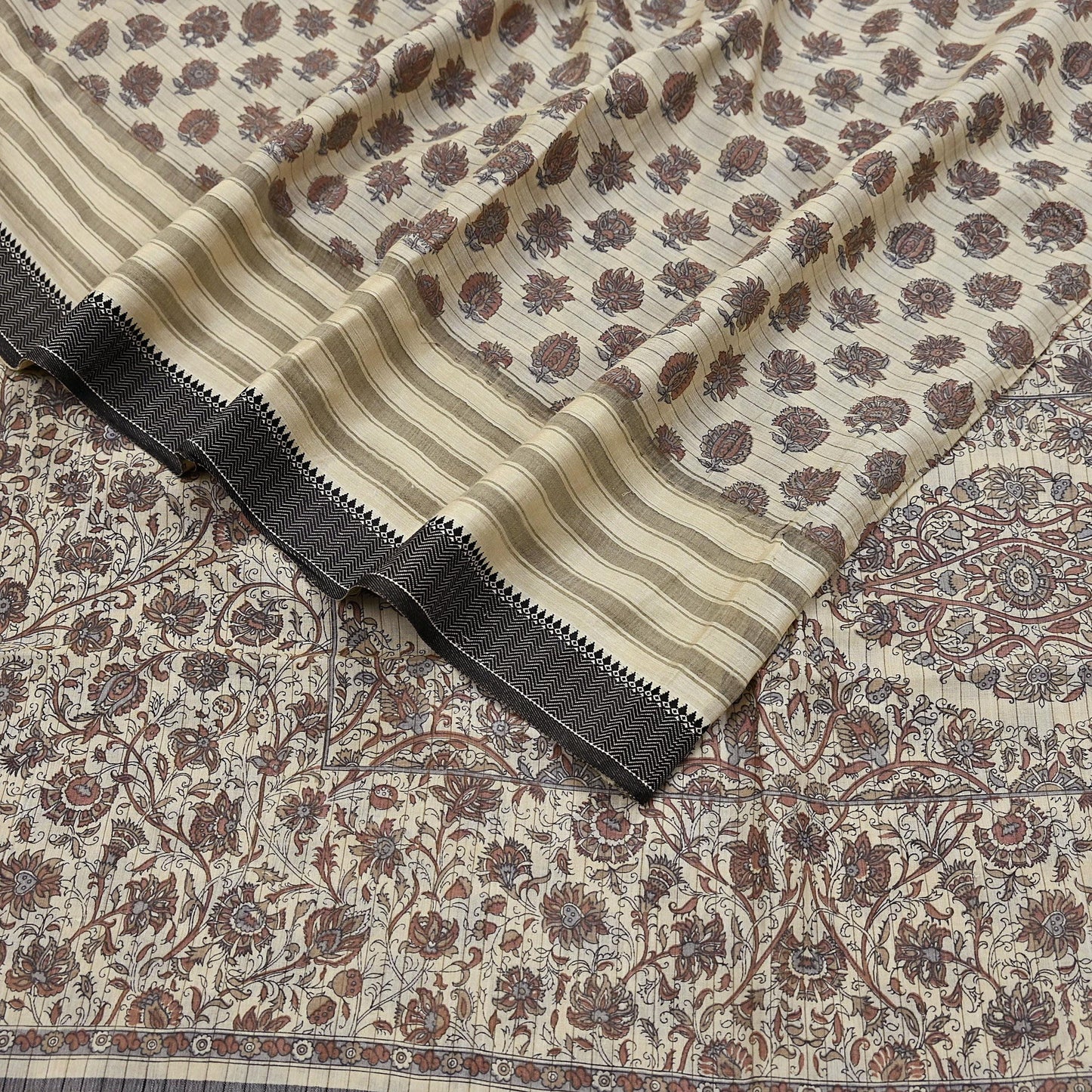 Indian Vintage Fabindia Sari Cream Pure Silk Block Printed Sarees Craft Fabric 5Yd Floral Dress making bollywood silk sarees