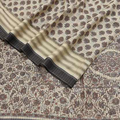 Indian Vintage Fabindia Sari Cream Pure Silk Block Printed Sarees Craft Fabric 5Yd Floral Dress making bollywood silk sarees