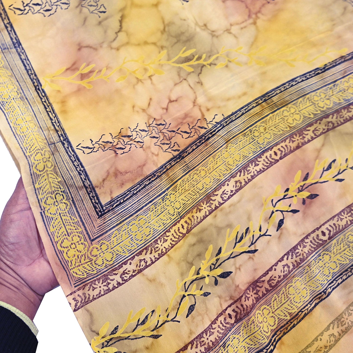 Indian Vintage Sari Ivory & Yellow Pure Crepe Silk Printed Saree 5yard Sewing Quilting Floral Soft Craft Fabric Wrap