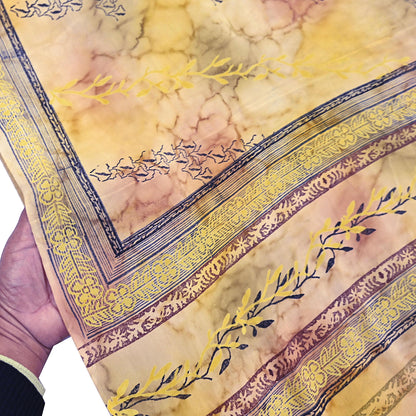 Indian Vintage Sari Ivory & Yellow Pure Crepe Silk Printed Saree 5yard Sewing Quilting Floral Soft Craft Fabric Wrap