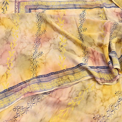 Indian Vintage Sari Ivory & Yellow Pure Crepe Silk Printed Saree 5yard Sewing Quilting Floral Soft Craft Fabric Wrap