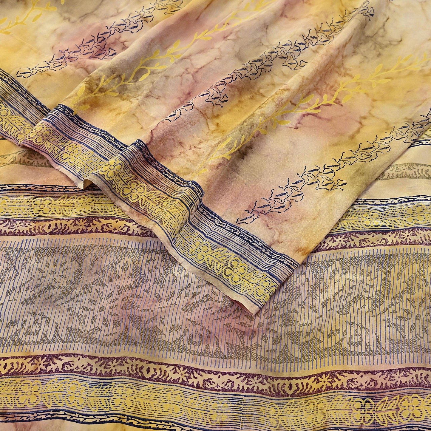 Indian Vintage Sari Ivory & Yellow Pure Crepe Silk Printed Saree 5yard Sewing Quilting Floral Soft Craft Fabric Wrap