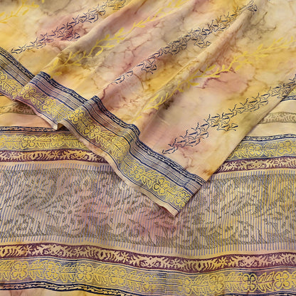 Indian Vintage Sari Ivory & Yellow Pure Crepe Silk Printed Saree 5yard Sewing Quilting Floral Soft Craft Fabric Wrap