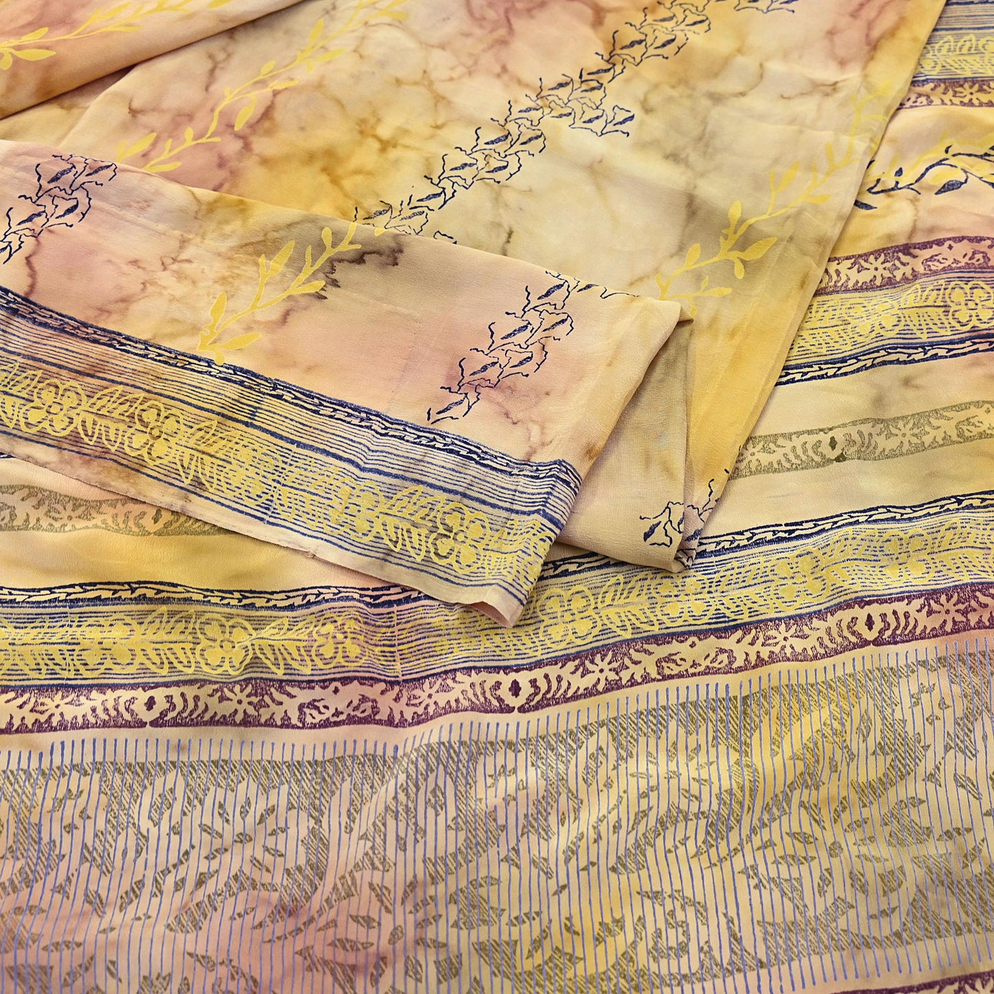 Indian Vintage Sari Ivory & Yellow Pure Crepe Silk Printed Saree 5yard Sewing Quilting Floral Soft Craft Fabric Wrap