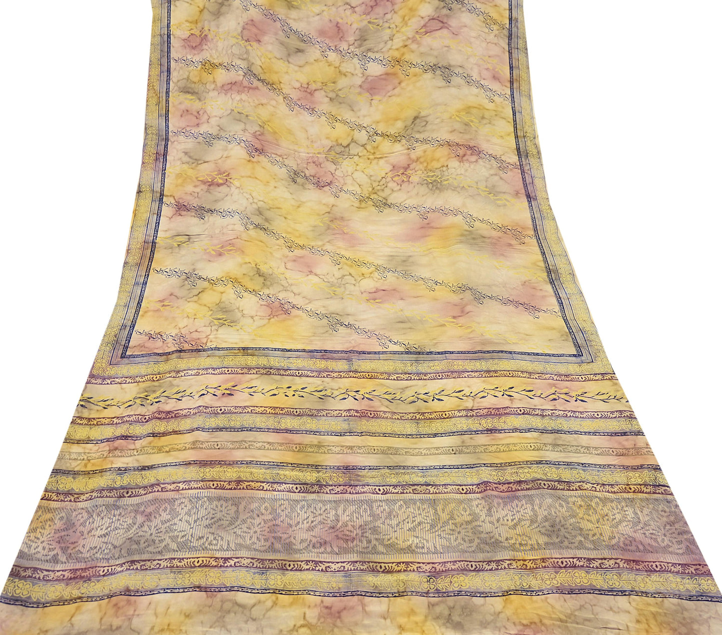 Indian Vintage Sari Ivory & Yellow Pure Crepe Silk Printed Saree 5yard Sewing Quilting Floral Soft Craft Fabric Wrap