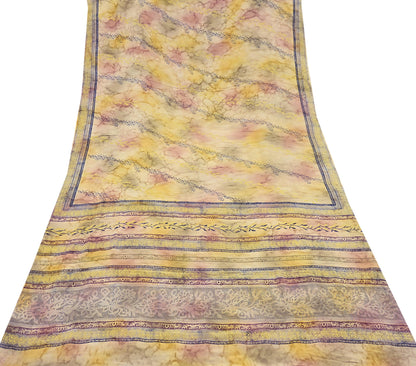 Indian Vintage Sari Ivory & Yellow Pure Crepe Silk Printed Saree 5yard Sewing Quilting Floral Soft Craft Fabric Wrap