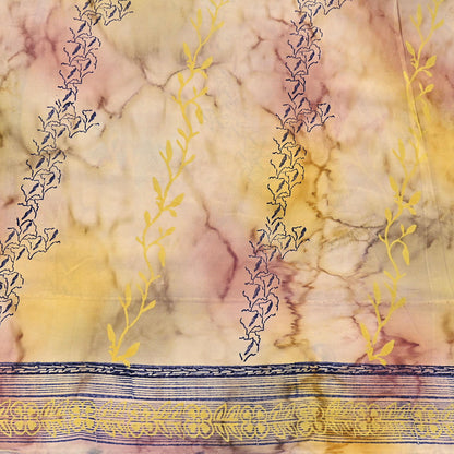 Indian Vintage Sari Ivory & Yellow Pure Crepe Silk Printed Saree 5yard Sewing Quilting Floral Soft Craft Fabric Wrap