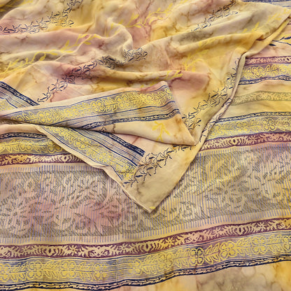 Indian Vintage Sari Ivory & Yellow Pure Crepe Silk Printed Saree 5yard Sewing Quilting Floral Soft Craft Fabric Wrap