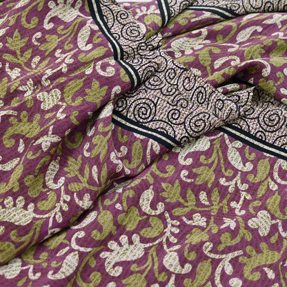 Indian Vintage Sari Purple Pure Crepe Silk Printed Sarees 5yd Sewing Soft Craft Fabric Wrap Dress Making Crafting Quilting Upcycle