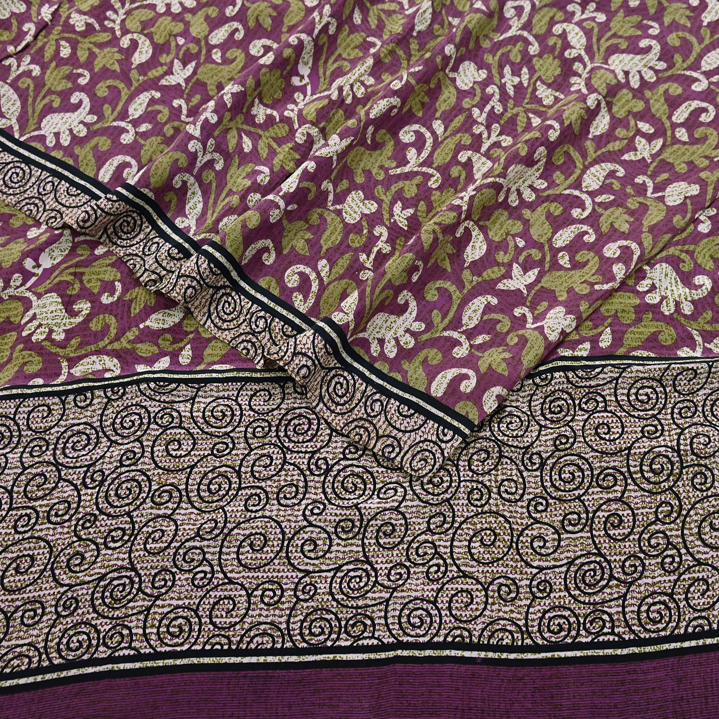 Indian Vintage Sari Purple Pure Crepe Silk Printed Sarees 5yd Sewing Soft Craft Fabric Wrap Dress Making Crafting Quilting Upcycle
