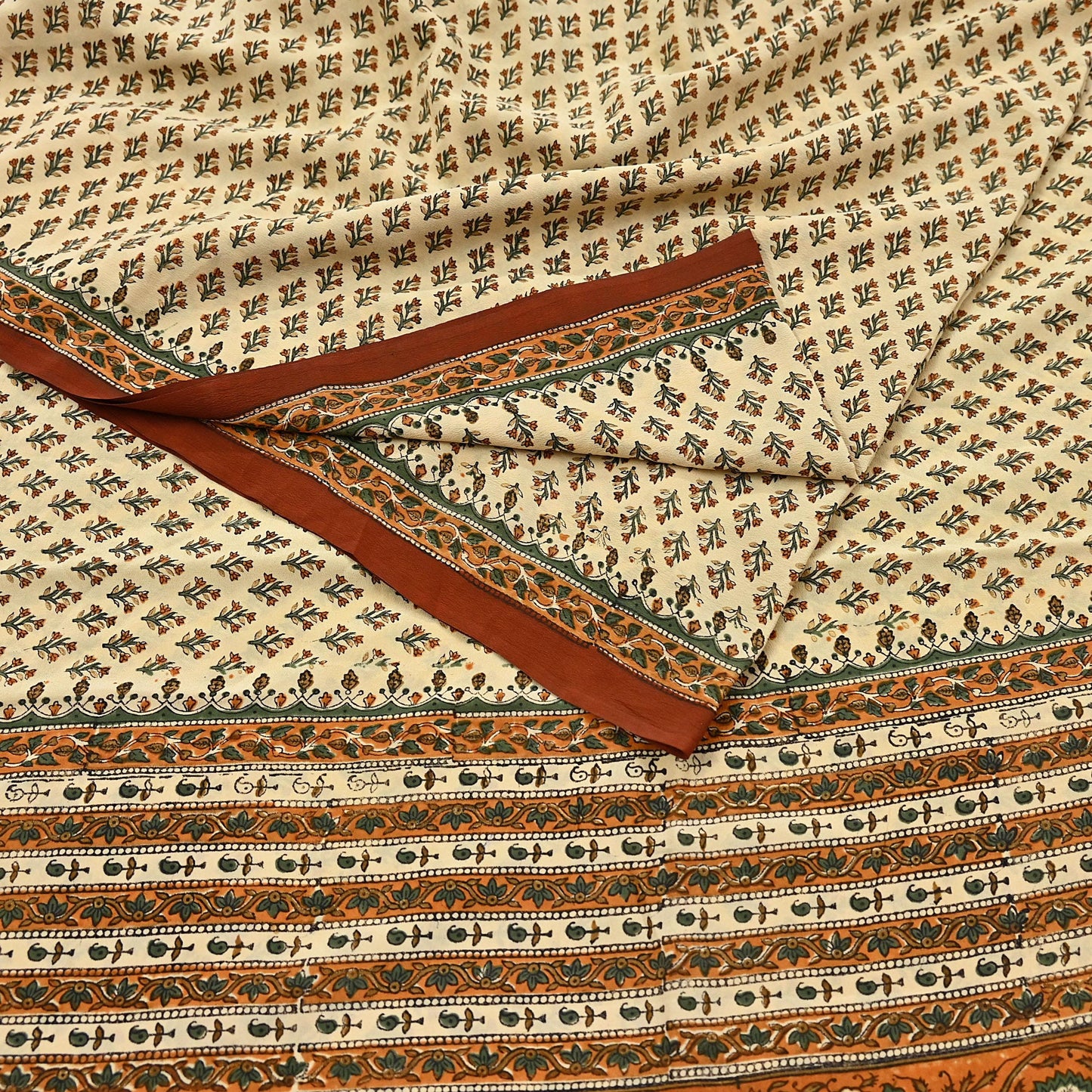 Indian Vintage Sari Beige Pure Crepe Silk Block Printed Sarees 5yd Sewing Floral Soft Craft Fabric Wrap Dress making Upcycle Crafting