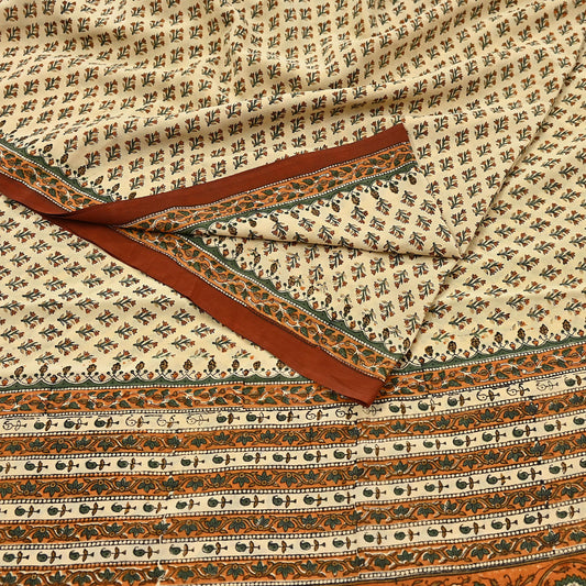 Indian Vintage Sari Beige Pure Crepe Silk Block Printed Sarees 5yd Sewing Floral Soft Craft Fabric Wrap Dress making Upcycle Crafting