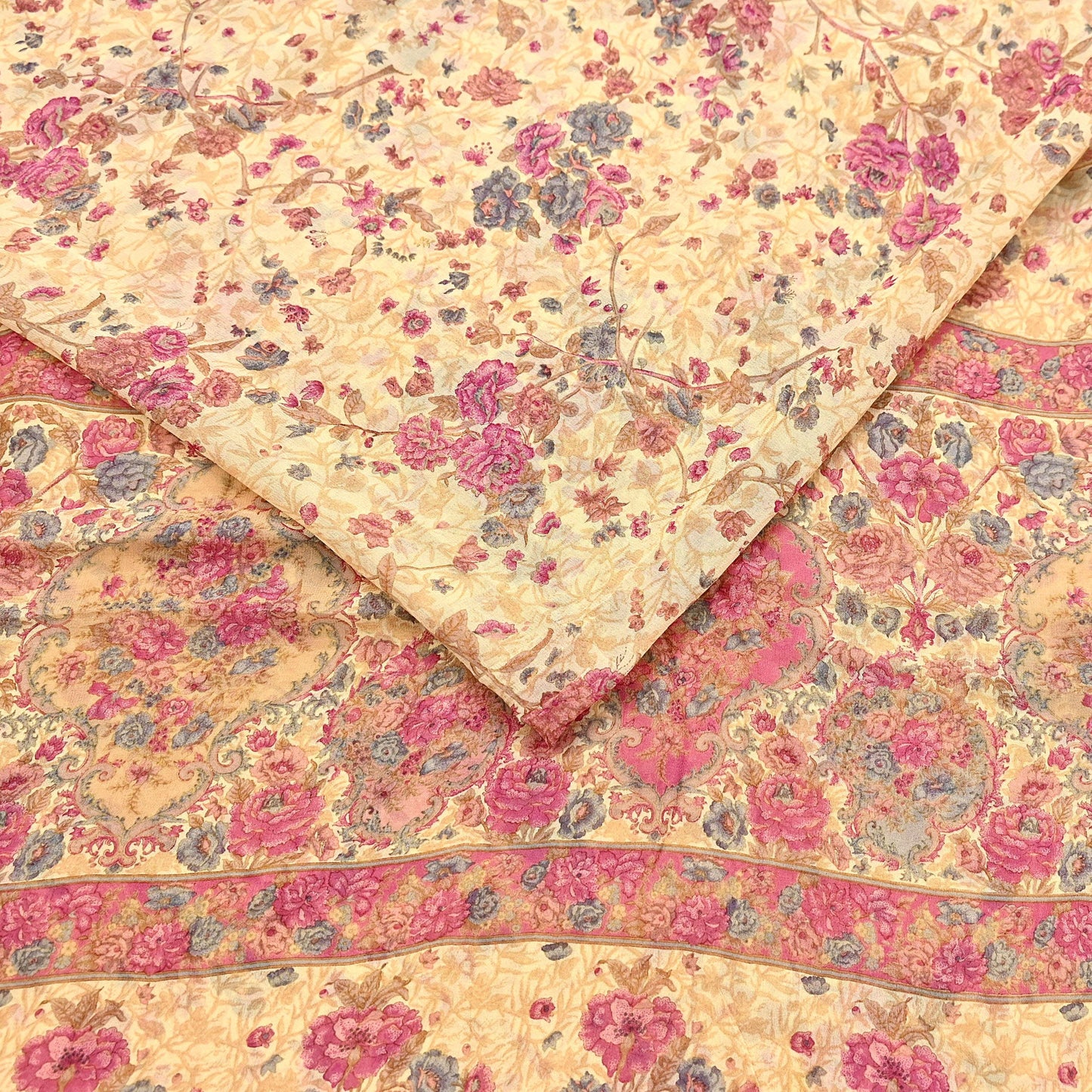 Indian Vintage Beige Saree 100% Pure Georgette Silk Printed Sari Sewing 6yd Craft Fabric Dress Designing for Dress making