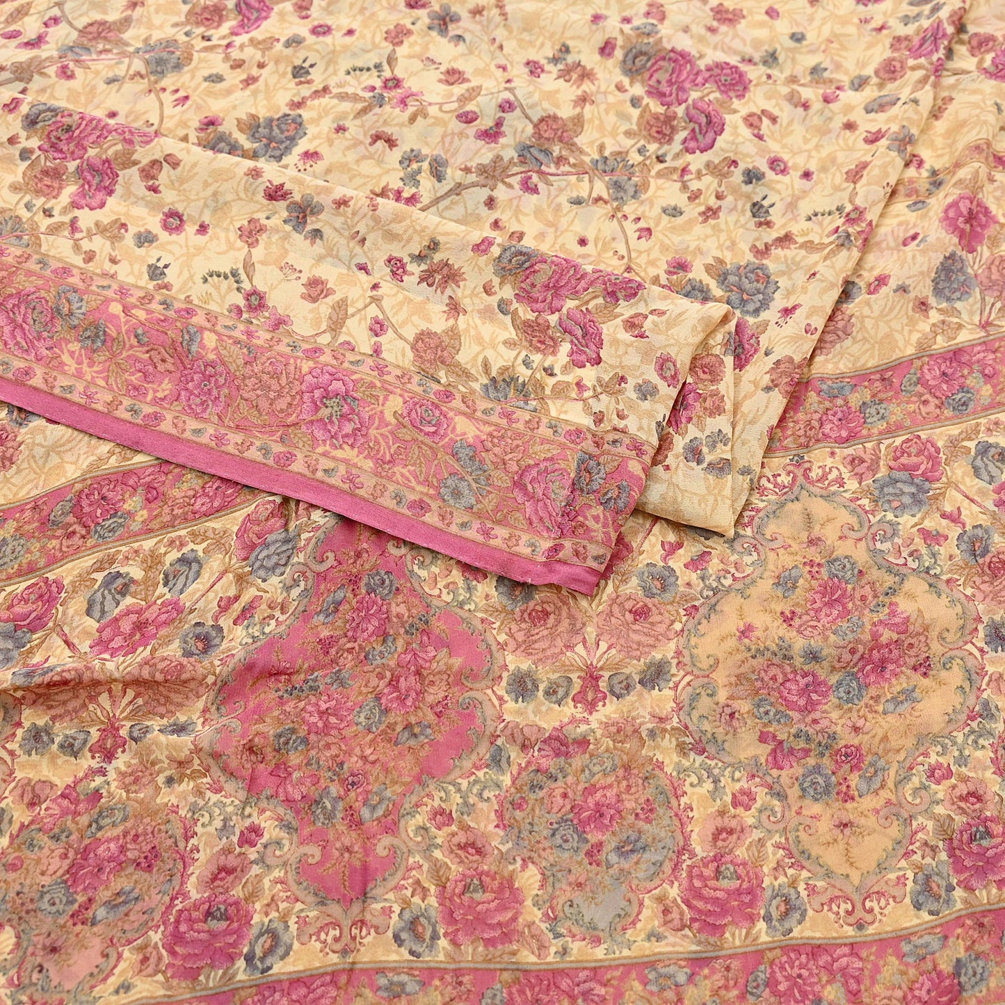Indian Vintage Beige Saree 100% Pure Georgette Silk Printed Sari Sewing 6yd Craft Fabric Dress Designing for Dress making