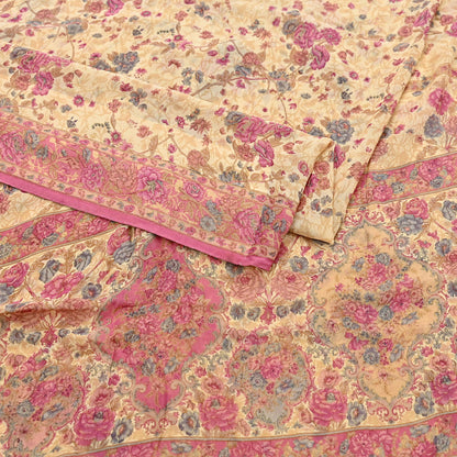 Indian Vintage Beige Saree 100% Pure Georgette Silk Printed Sari Sewing 6yd Craft Fabric Dress Designing for Dress making