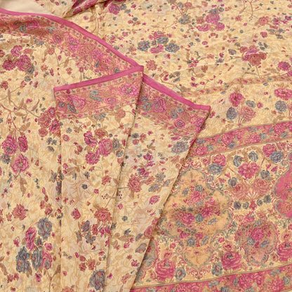 Indian Vintage Beige Saree 100% Pure Georgette Silk Printed Sari Sewing 6yd Craft Fabric Dress Designing for Dress making