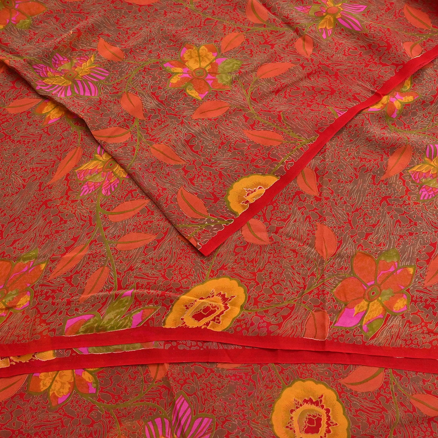 Indian Vintage Red Saree 100% Pure Georgette Silk Printed Sari Sewing 5yd Craft Fabric Dress Designing for Dress making