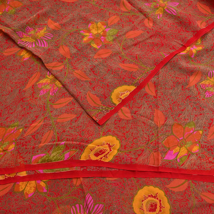 Indian Vintage Red Saree 100% Pure Georgette Silk Printed Sari Sewing 5yd Craft Fabric Dress Designing for Dress making