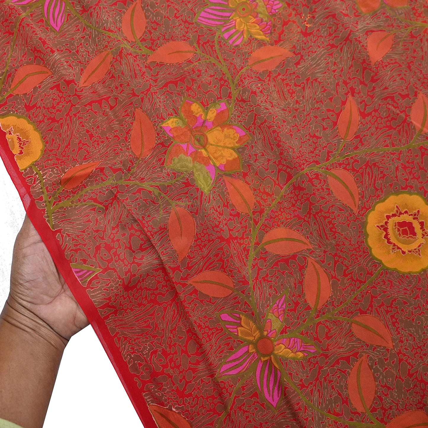 Indian Vintage Red Saree 100% Pure Georgette Silk Printed Sari Sewing 5yd Craft Fabric Dress Designing for Dress making